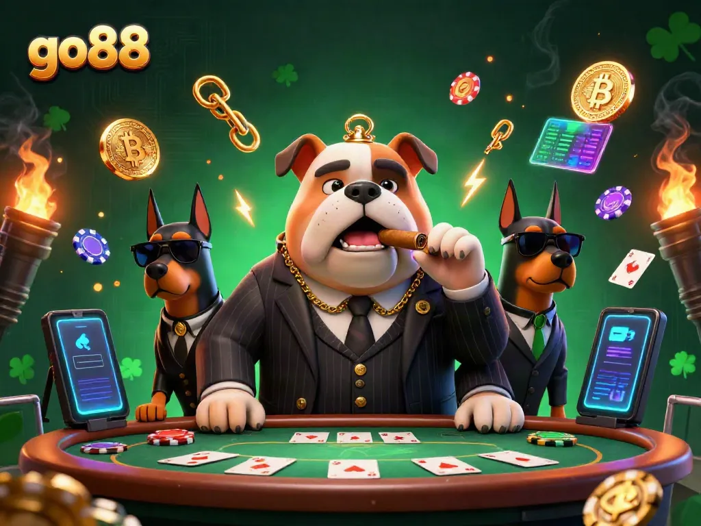 Experience thrilling poker action with go88's vibrant casino scene featuring a mafia bulldog and Doberman bodyguards.