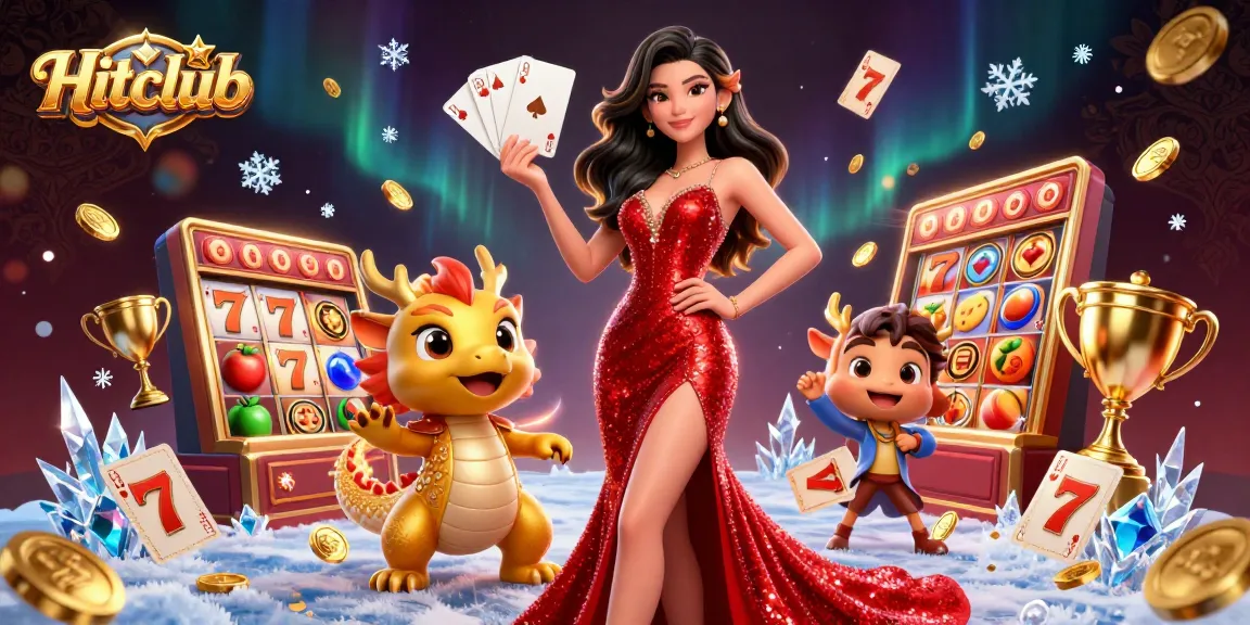 Hitclub presents an exciting casino scene with a charming Asian woman, golden dragon mascot, and dynamic slot game elements