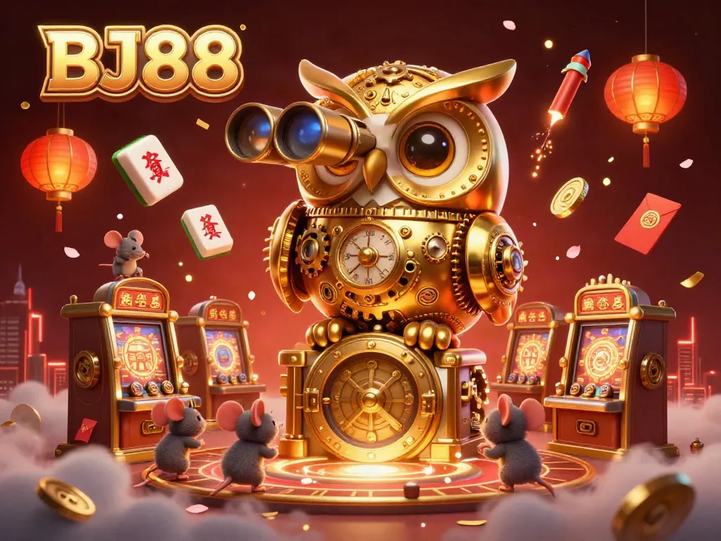 Engage with BJ88 casino excitement through a vibrant 3D illustration showcasing a whimsical golden owl and playful elements.
