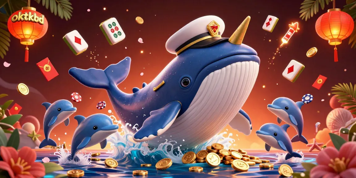 Experience the energy of oktkbd with playful dolphins and a whale in a vibrant casino scene.