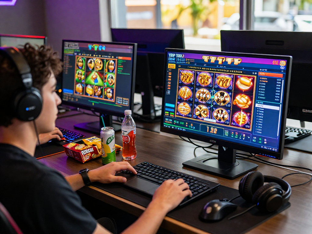 Engaging slot777 online gaming experience at a vibrant workstation with colorful displays.