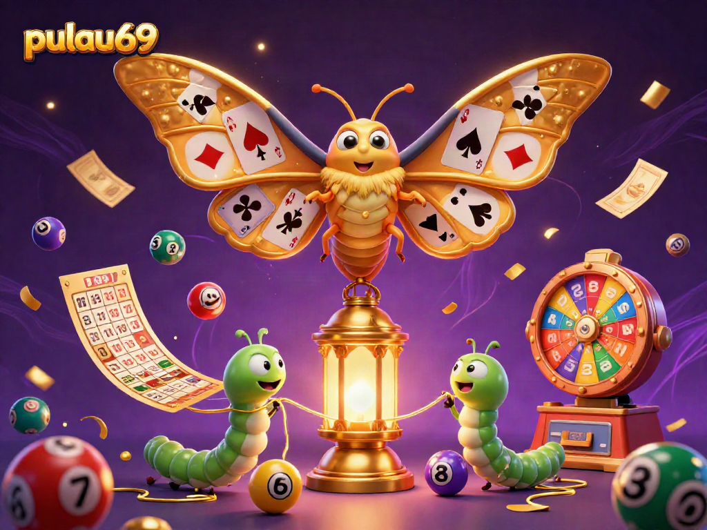 Engage in thrilling casino action with vibrant pulau69-themed illustration featuring a majestic moth and exciting game elements.