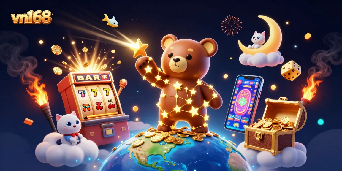 Catch thrilling casino wins at vn168 with a constellation bear, slot machine, and creative gaming elements.