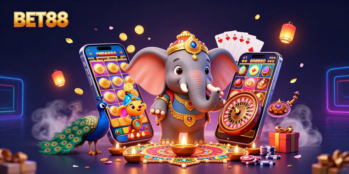 Experience the excitement at BET88 with vibrant slot games, dynamic characters, and colorful casino elements.