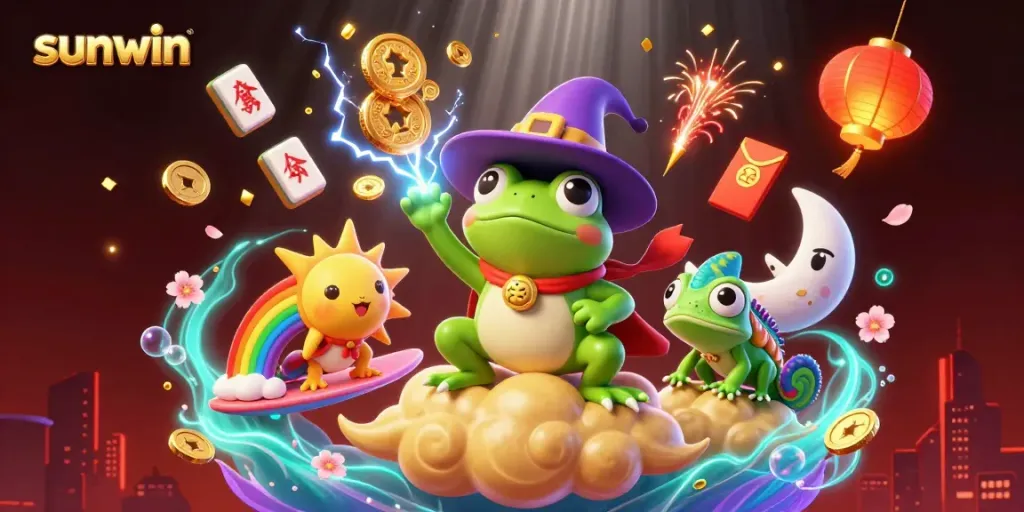 Experience the excitement of sunwin with a vibrant casino scene bursting with golden coins and dynamic characters.