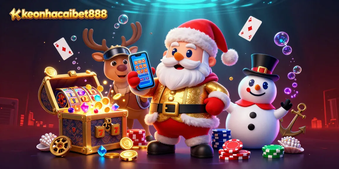 Spin to win with keonhacaibet888 as Santa, a reindeer, and a snowman celebrate jackpots in a vibrant digital casino.