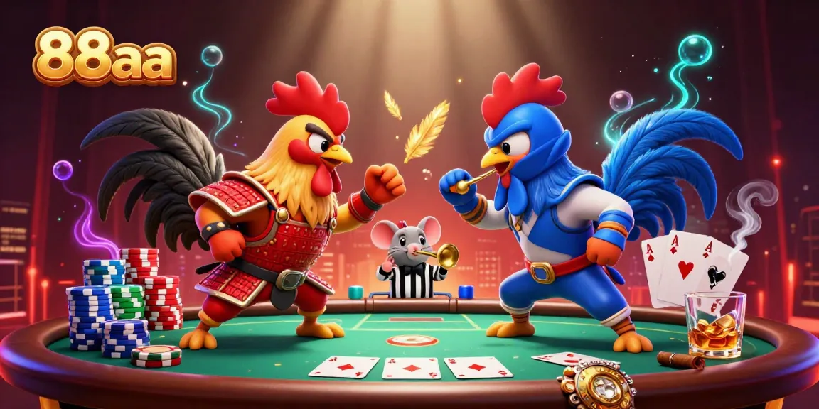 Engage in intense gameplay at 88aa with fighting roosters in dramatic poker showdown.