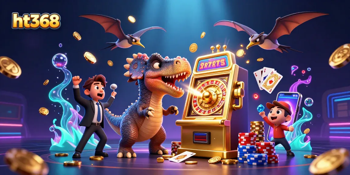 ht368 wins big with a robot dinosaur at the slot machine, capturing chaos and excitement in the casino.