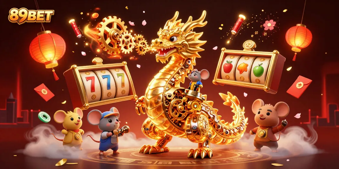 89BET showcases a golden dragon amidst vibrant slot game symbols, symbolizing excitement and wins.
