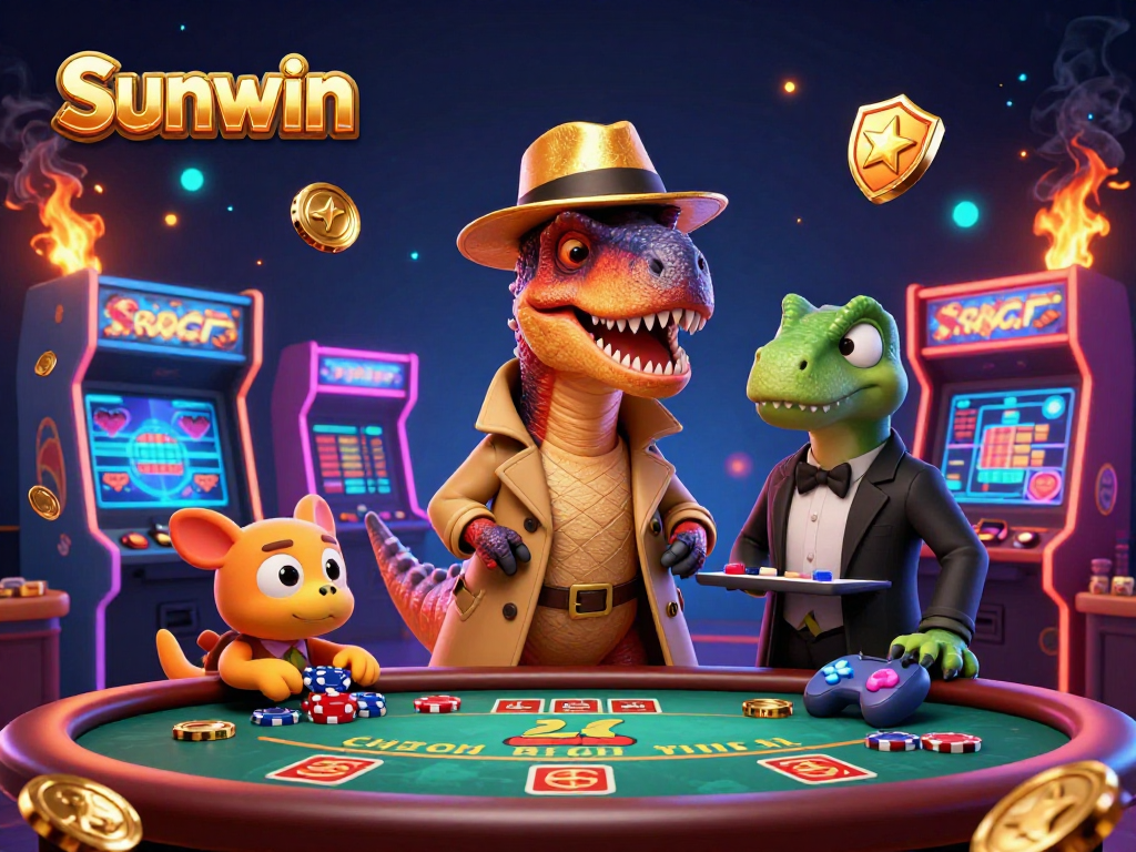 Sunwin's casino scene depicts a velociraptor card counter, stegosaurus pit boss, and a sneaky compy, engaging in a thrilling blackjack game.