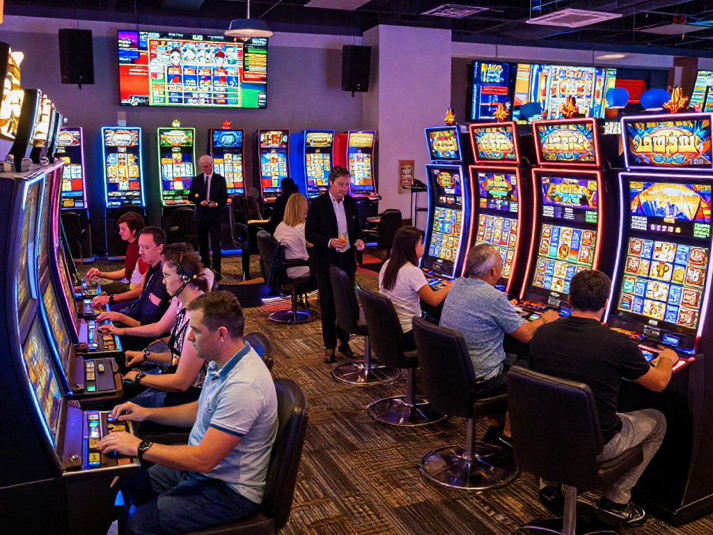 Thrilling casino scene with players celebrating slot jackpot wins amidst colorful machines and lively atmosphere.