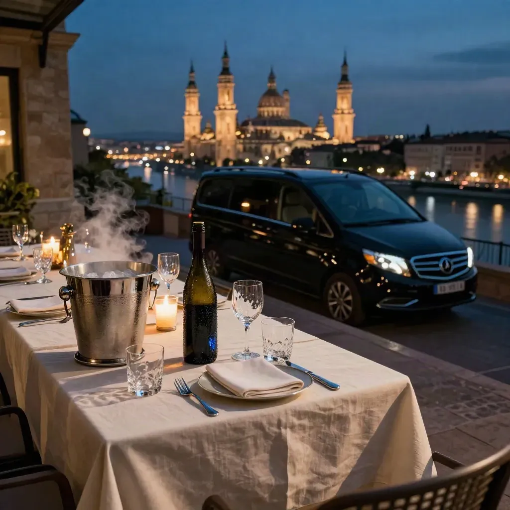 Luxury rooftop dinner setup with a minivan below and Zaragoza skyline at night.