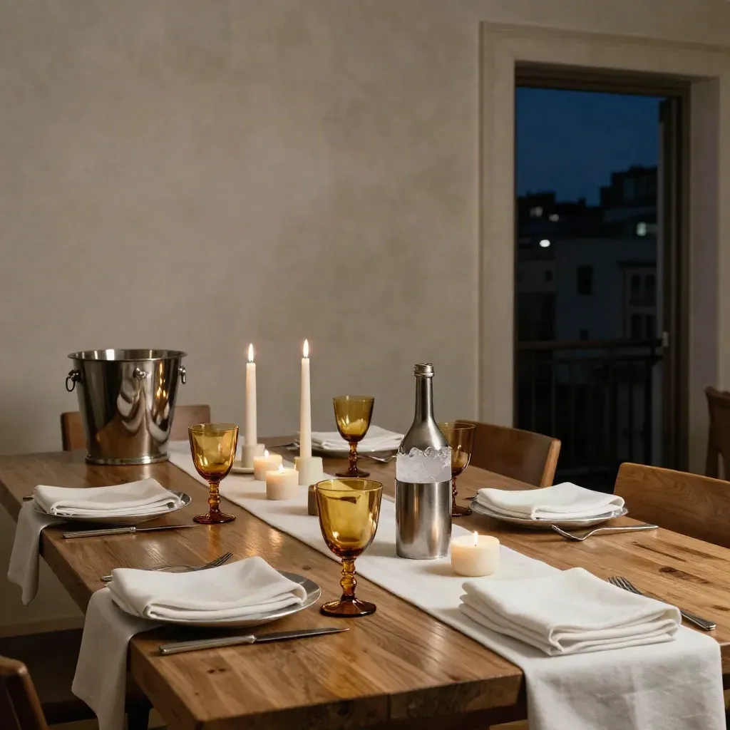 Prepared private dining room with amber glassware and a doorway to Zaragoza night