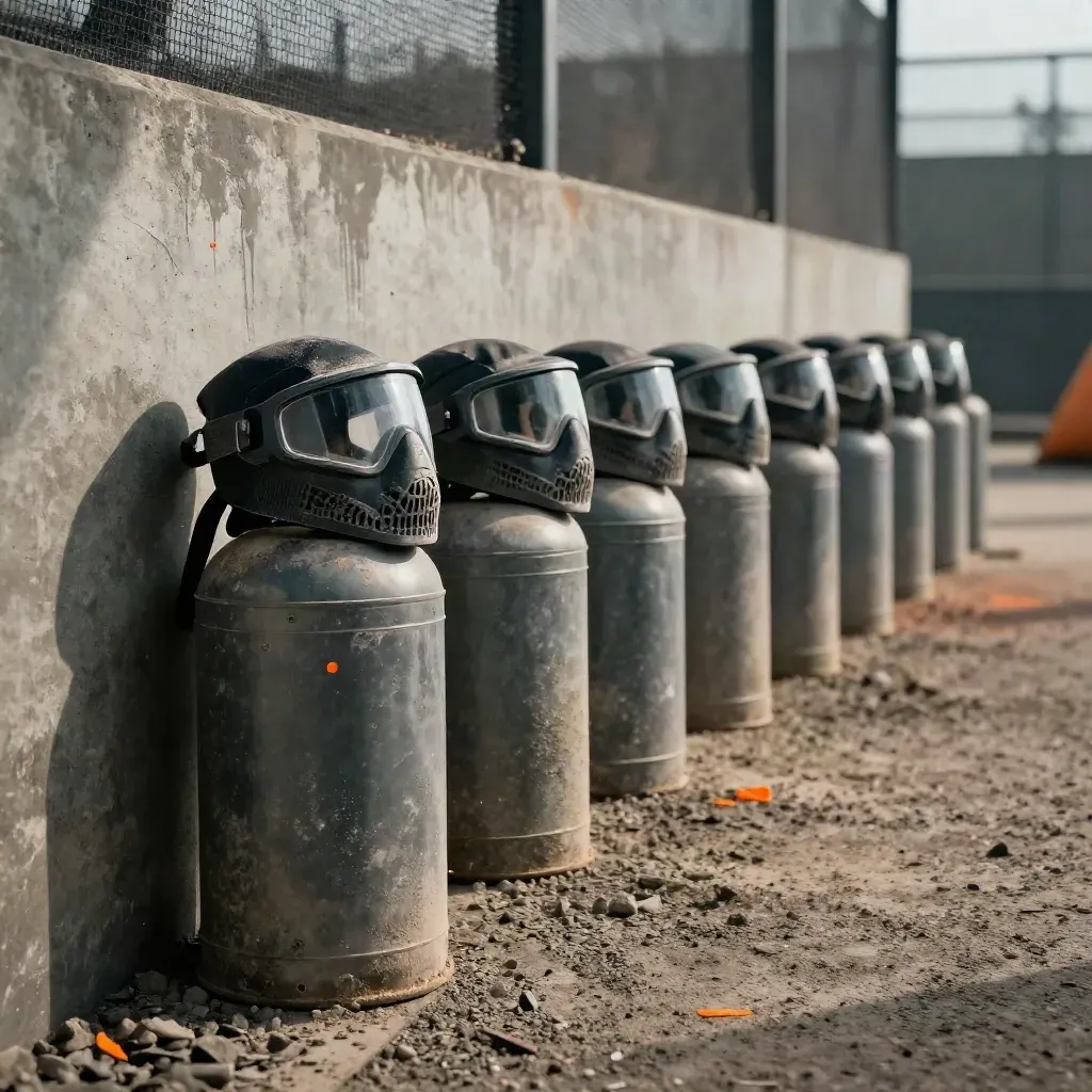 Paintball staging lane with masks, markers, and orange paint mist beside a concrete wall.