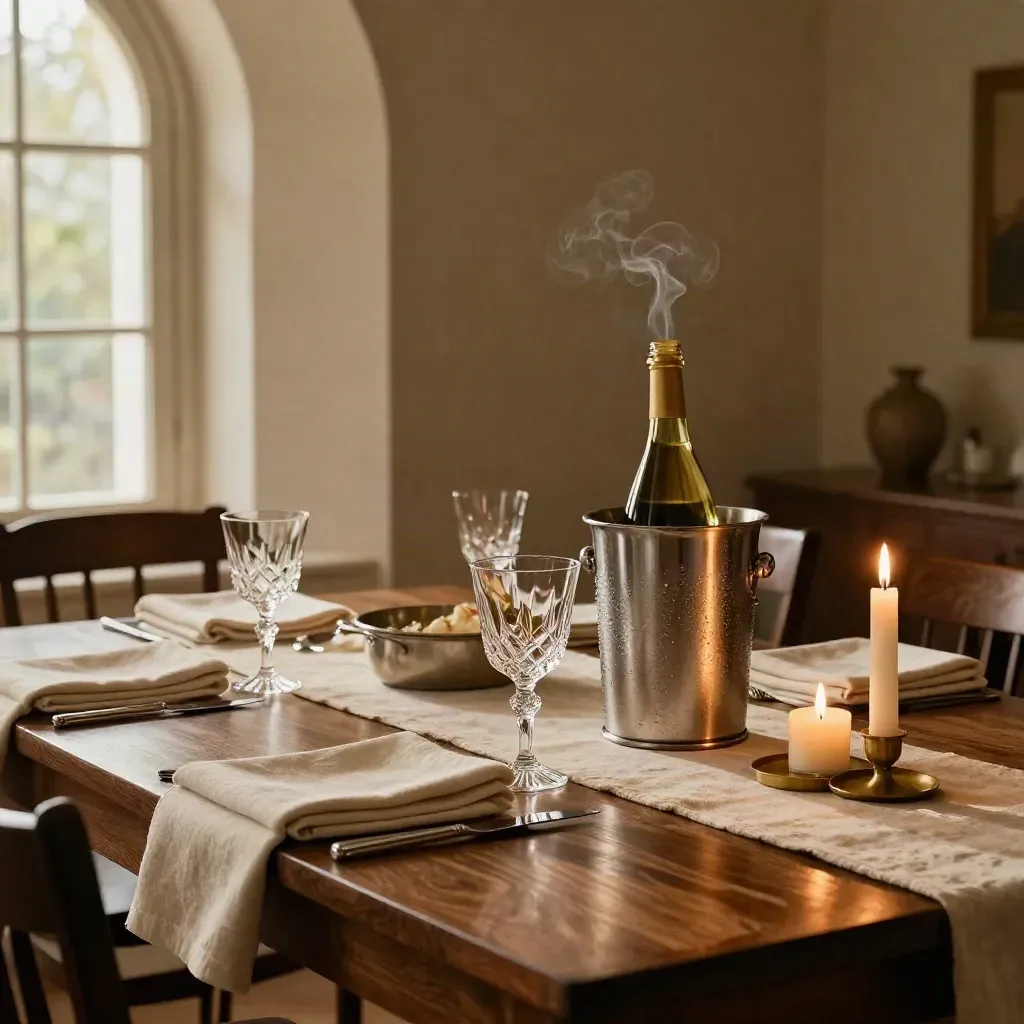 Private dining room table set with crystal, candles, steam, and a bottle chiller