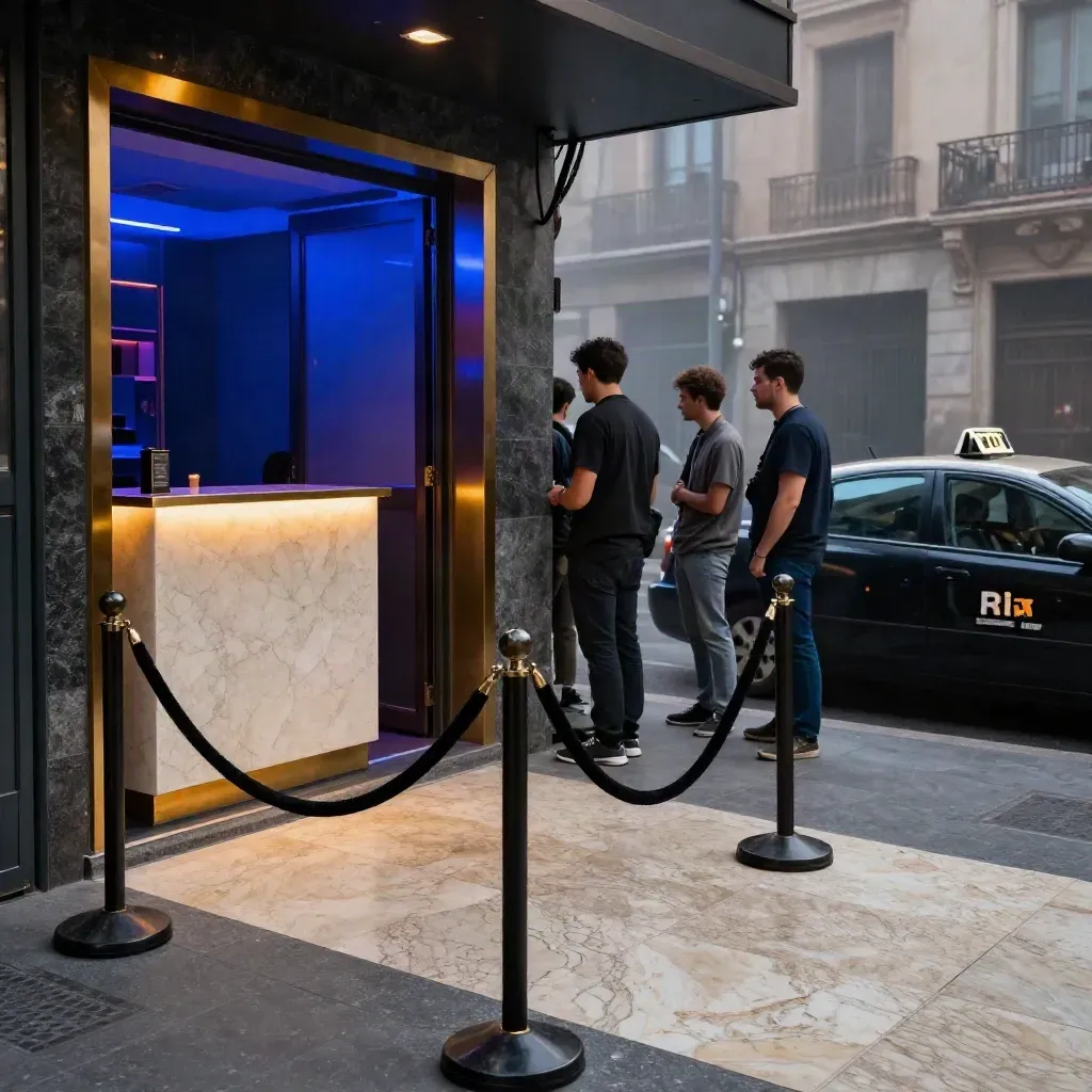 Club entrance with velvet ropes, host stand and taxi bay glowing in blue haze.