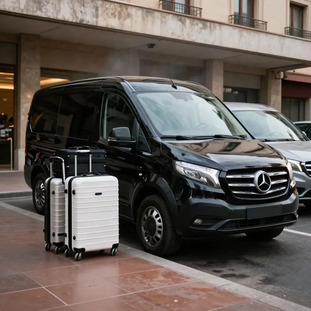 Two black minivans at a Zaragoza hotel curb with luggage trolleys and cases at night.