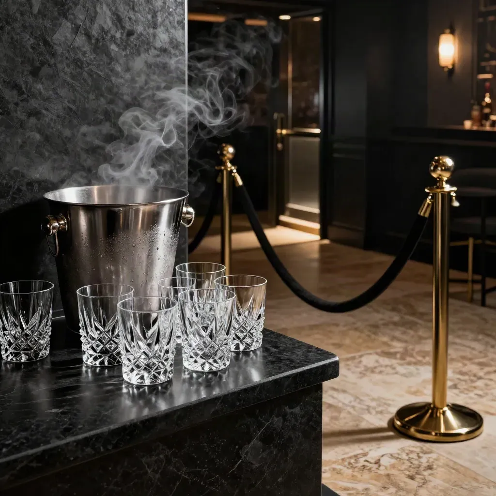 VIP table with tumblers and ice bucket beside velvet ropes in a moody club entrance