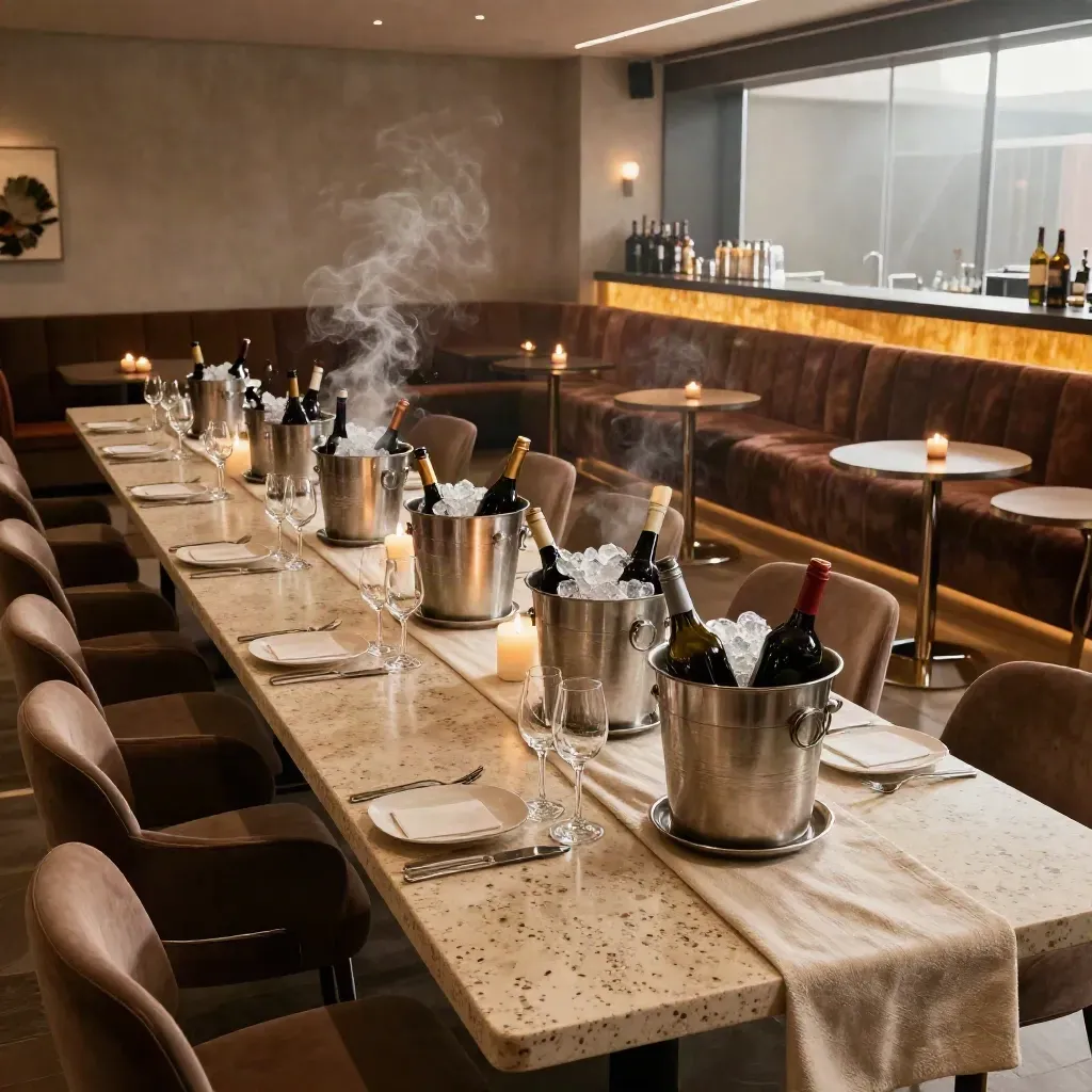 Luxury dinner table, ice-filled bottle buckets, and reserved club corner in a hazy Zaragoza lounge.