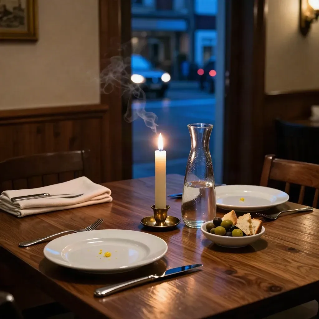 Candlelit private dining room with cleared plates and an open door to a blue-lit street