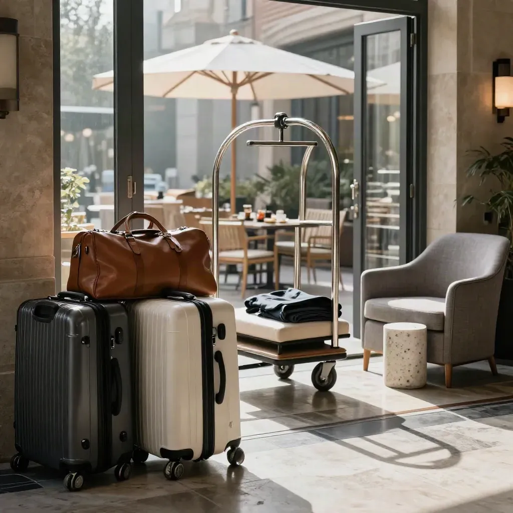 Stacked luggage in a Zaragoza hotel lobby with a lounge corner and breakfast terrace beyond.