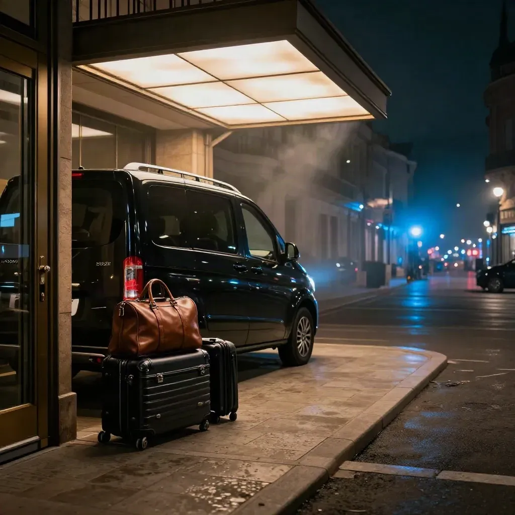 Black minivan at a hotel curb with luggage, warm entrance light, and distant club glow.
