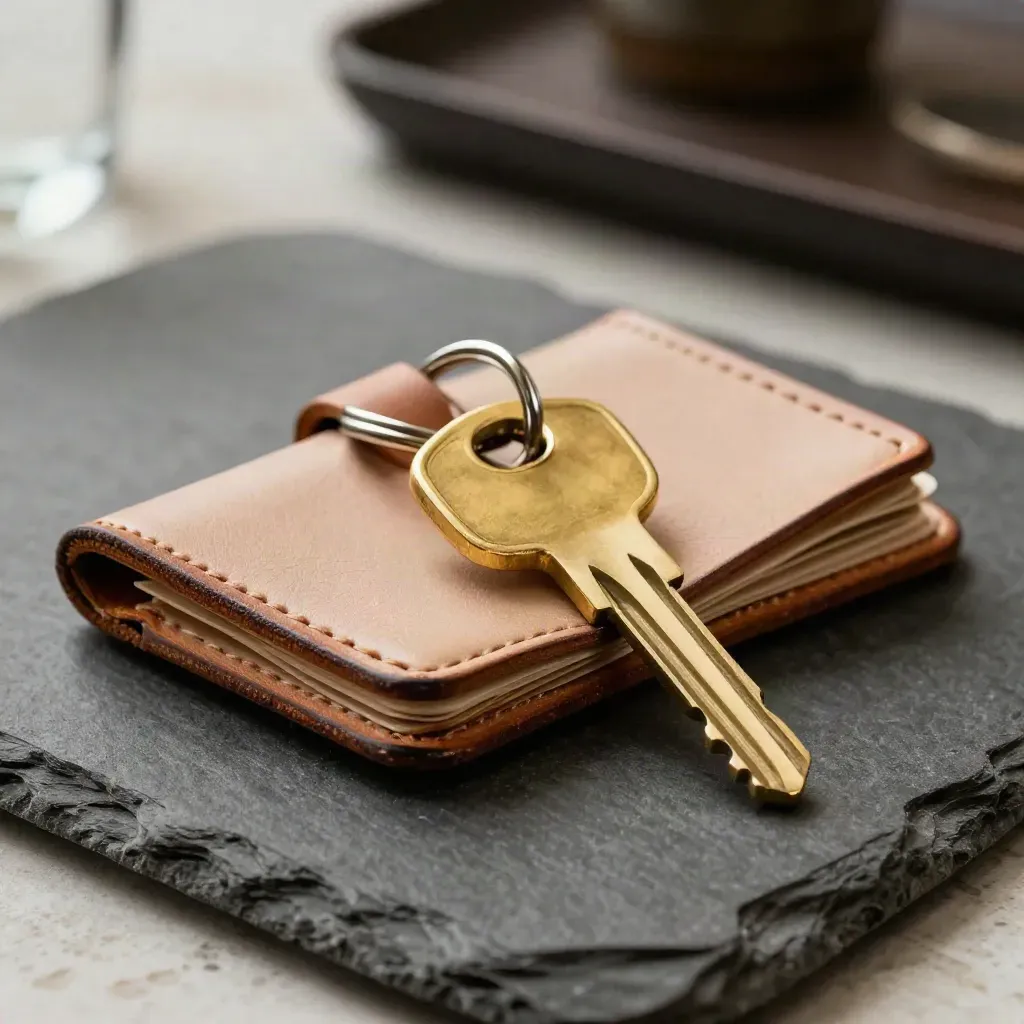 Brass key ring, leather organizer clasp, and blank hotel key fobs on dark stone