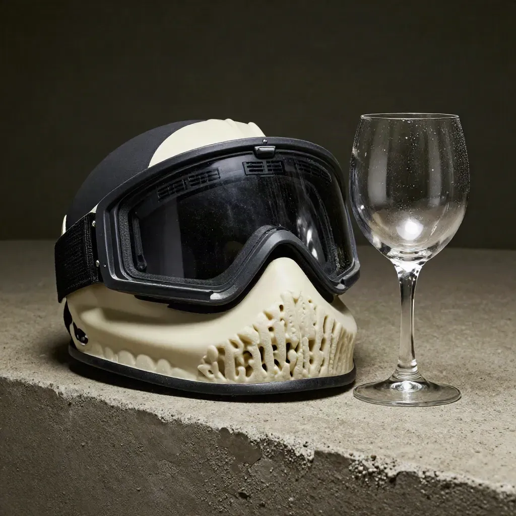 Close-up of paintball vents, karting padding and a tasting glass stem on a dusty pit ledge.