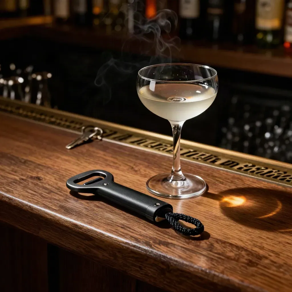 Matte opener, smoked coupe glass, and velvet rope latch on a walnut bar ledge