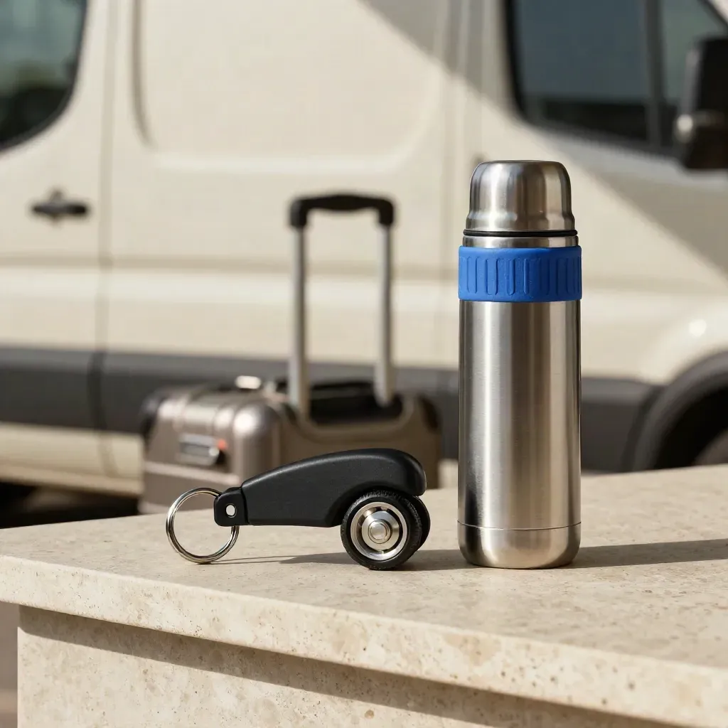 Transport kit still life: van key fob, luggage trolley wheel, and thermos on a pale counter.