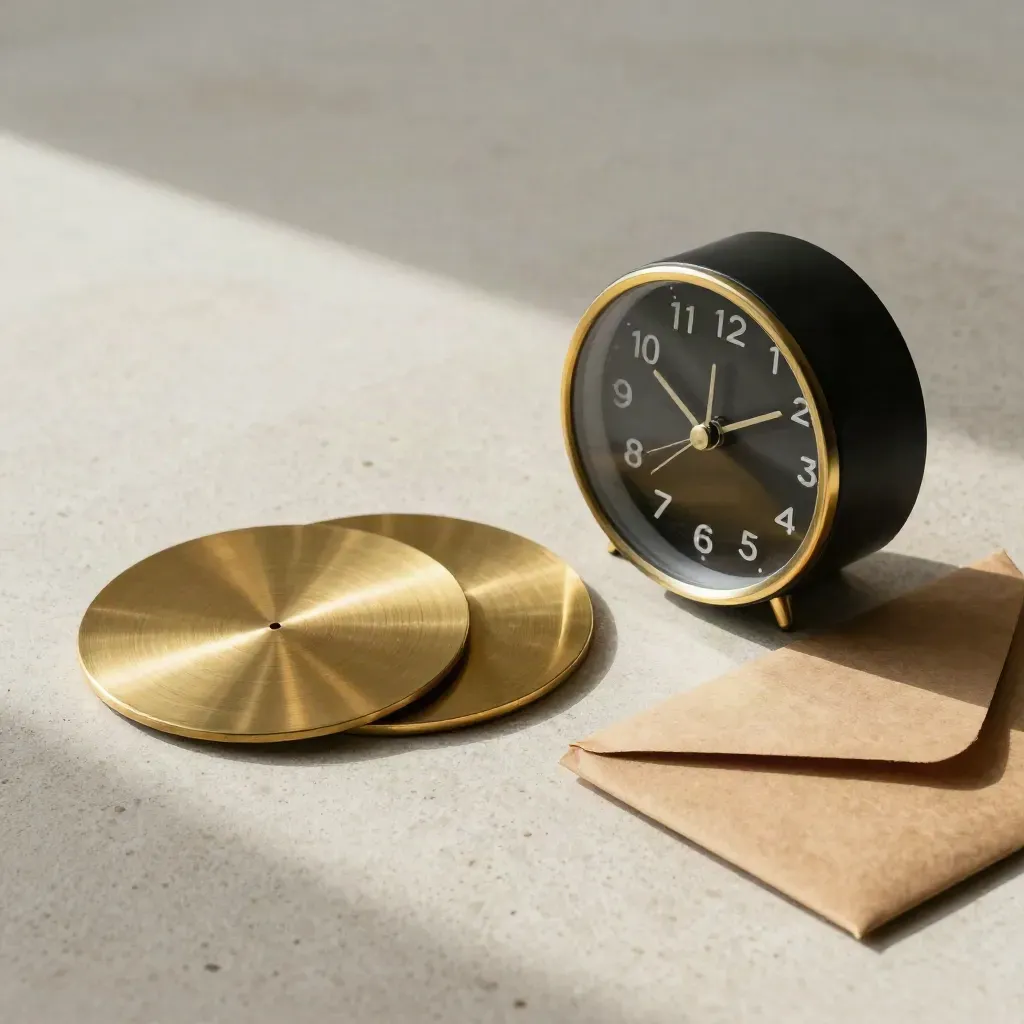 Brass date discs, clock, and sealed kraft envelope on pale stone for a Send Your Dates step.
