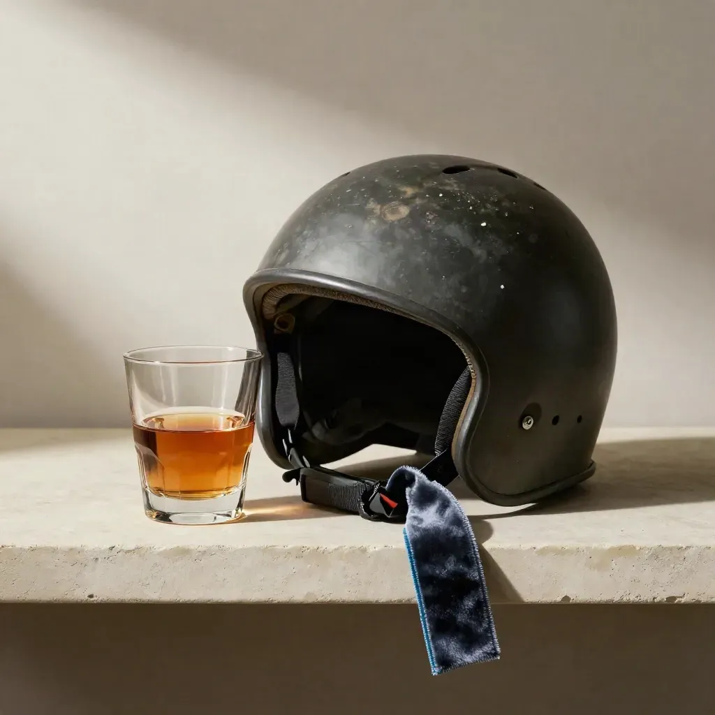 Helmet shell, tasting glass, and velvet ribbon on a plaster shelf, styled as a premium still life.