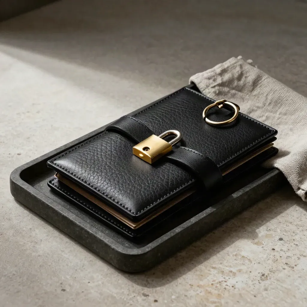 Black leather organizer, brass key ring, and lock clasp on a stone tray with linen cloth.