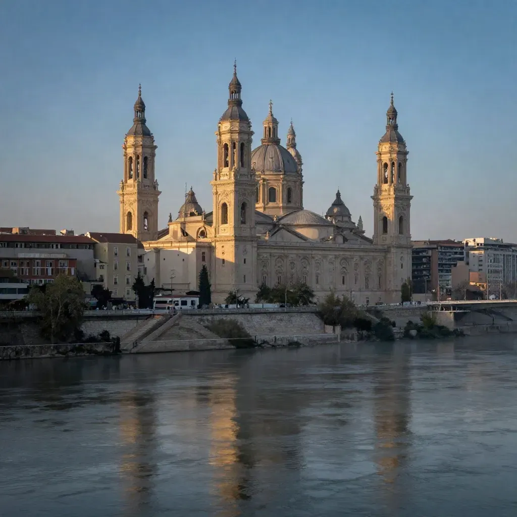 Blue-hour view of Basilica del Pilar above the Ebro river with gold reflections and mist.