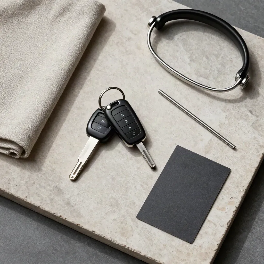 Overhead flatlay of car keys, linen napkin, ice bucket handle and cocktail stirrer on stone.