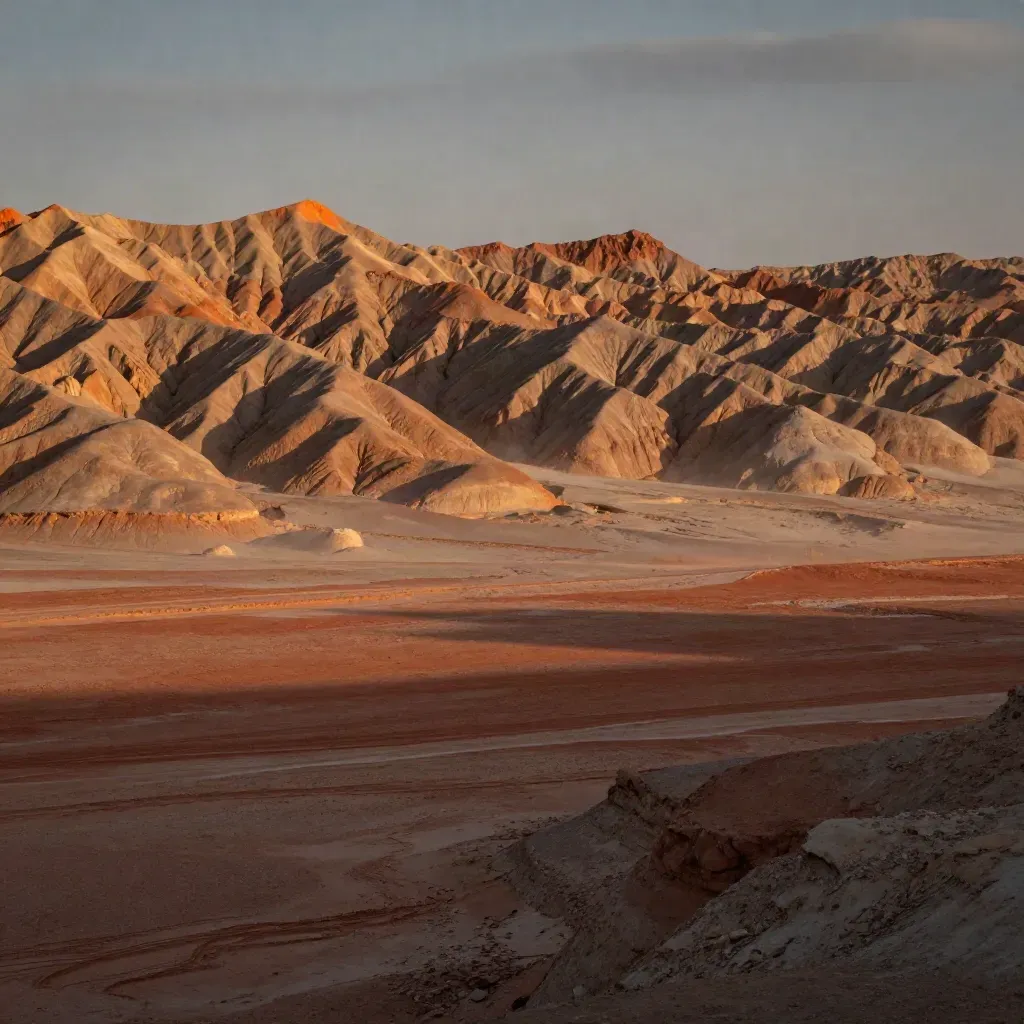 Ochre badlands ridges over a calm Aragon valley under moving cloud shadow.