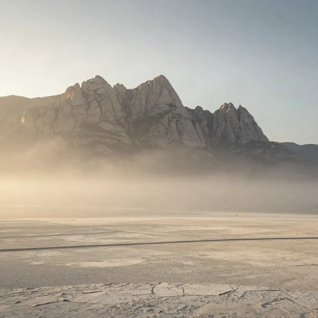 Montserrat peaks over a pale limestone plain in golden haze, with calm copy space below.
