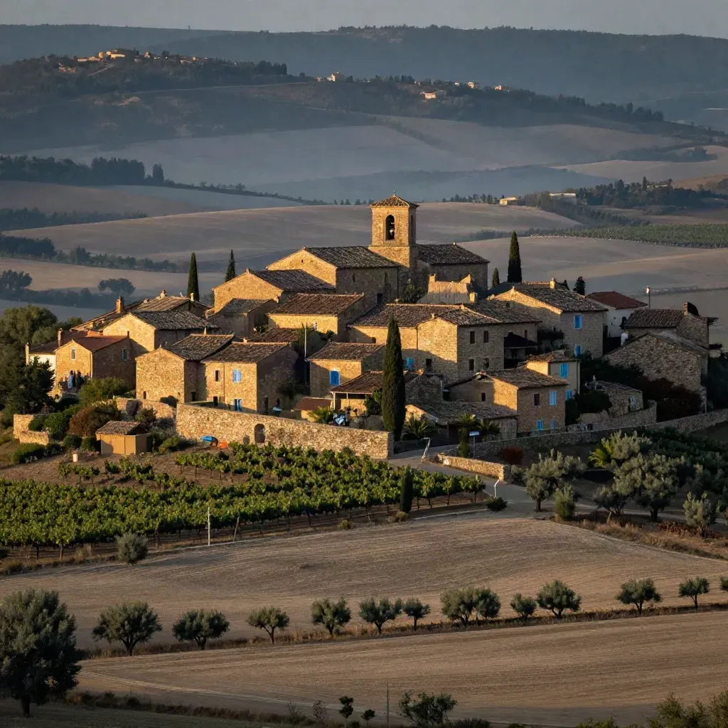 Hilltop Navarre village above golden vineyards with soft mist and calm open fields at sunset