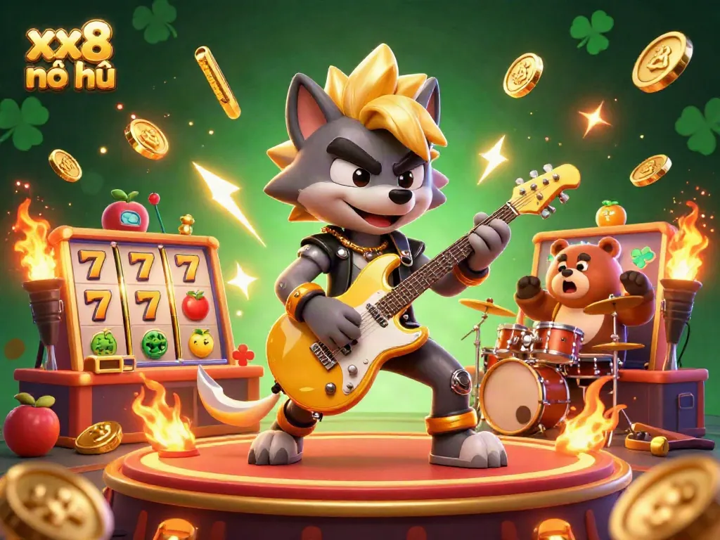 Experience the thrill of xx8 nổ hũ with a dynamic casino scene featuring 3D characters, slot reels, and vibrant elements.