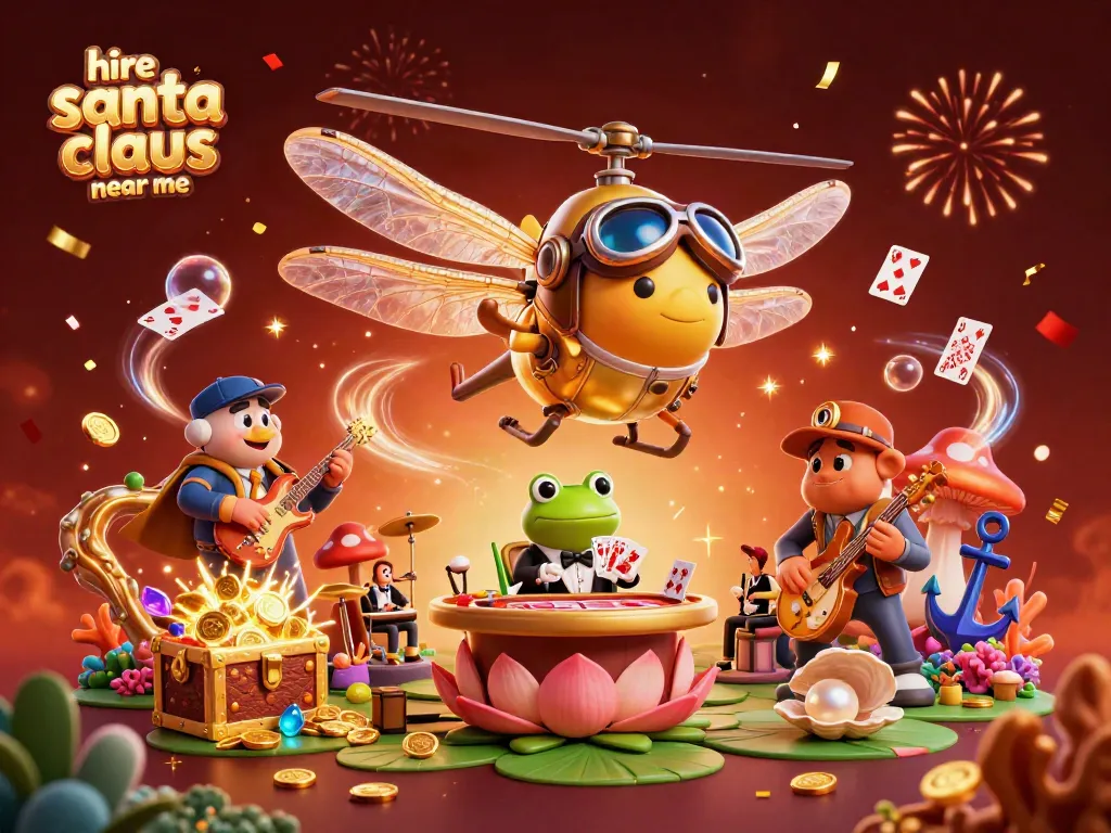 Engage with fun activities to hire Santa Claus near me at this vibrant lily pad casino scene.