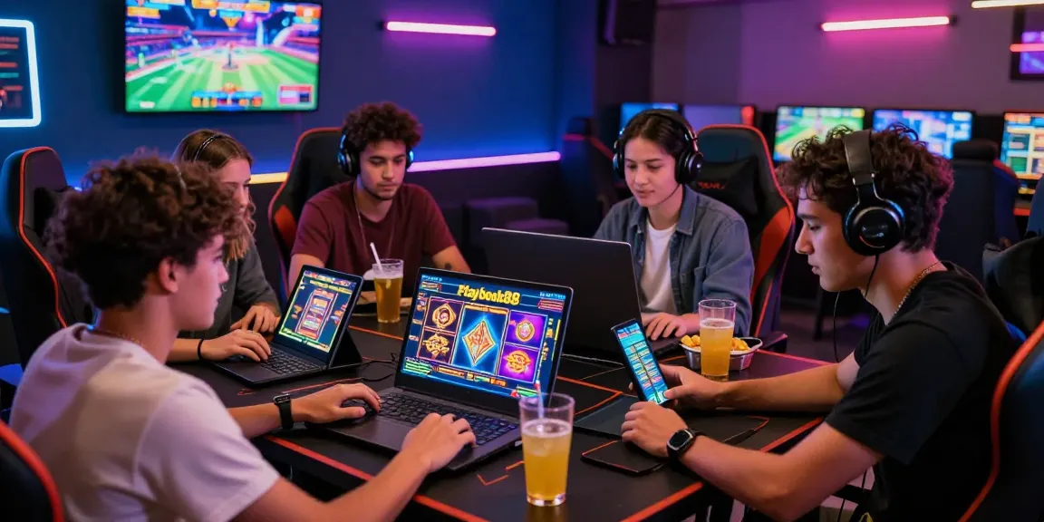 Friends enjoying Playbook88 online slots in an electrifying gaming room.