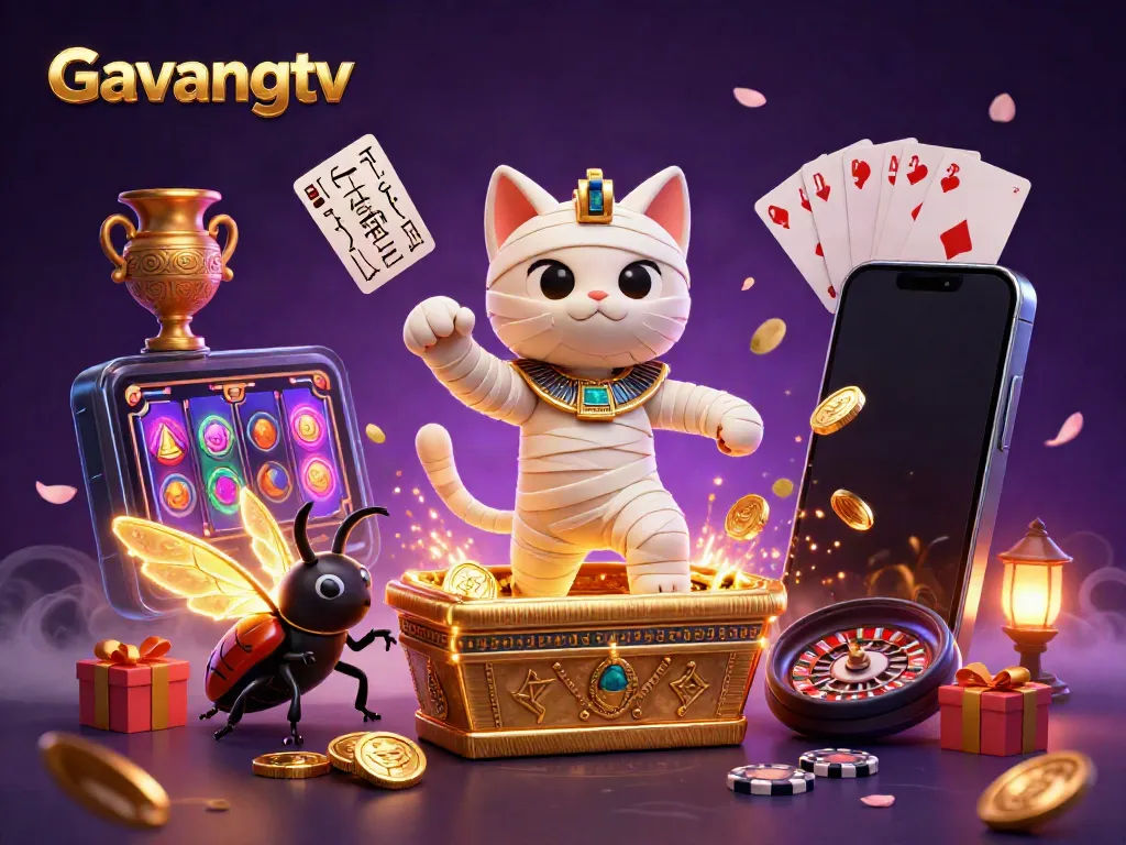 Gavangtv's mummy cat character celebrating a big win with poker chips and glowing slot games.