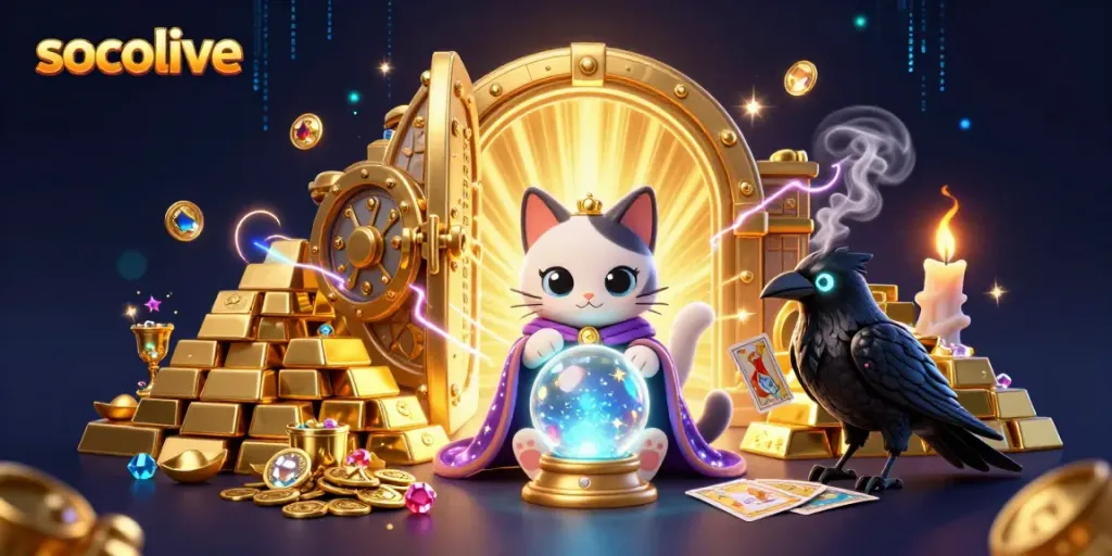 Socolive showcases a mystical scene with a fortune teller cat, a raven, and dazzling treasures reflecting winning possibilities in gambling.