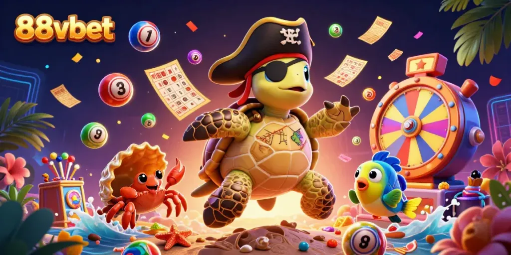 Join the excitement of 88vbet with vibrant lottery elements and fun characters amidst treasures.