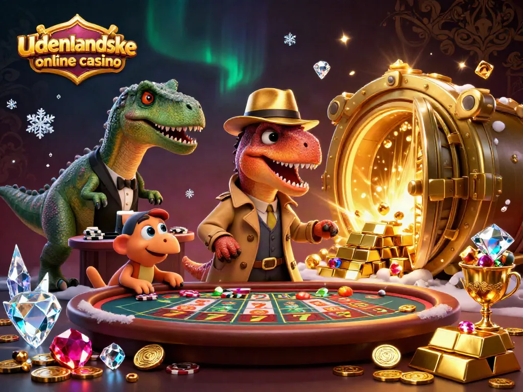 Engage with the udenlandske online casino scene featuring a velociraptor at blackjack amid dazzling gold and jewels.