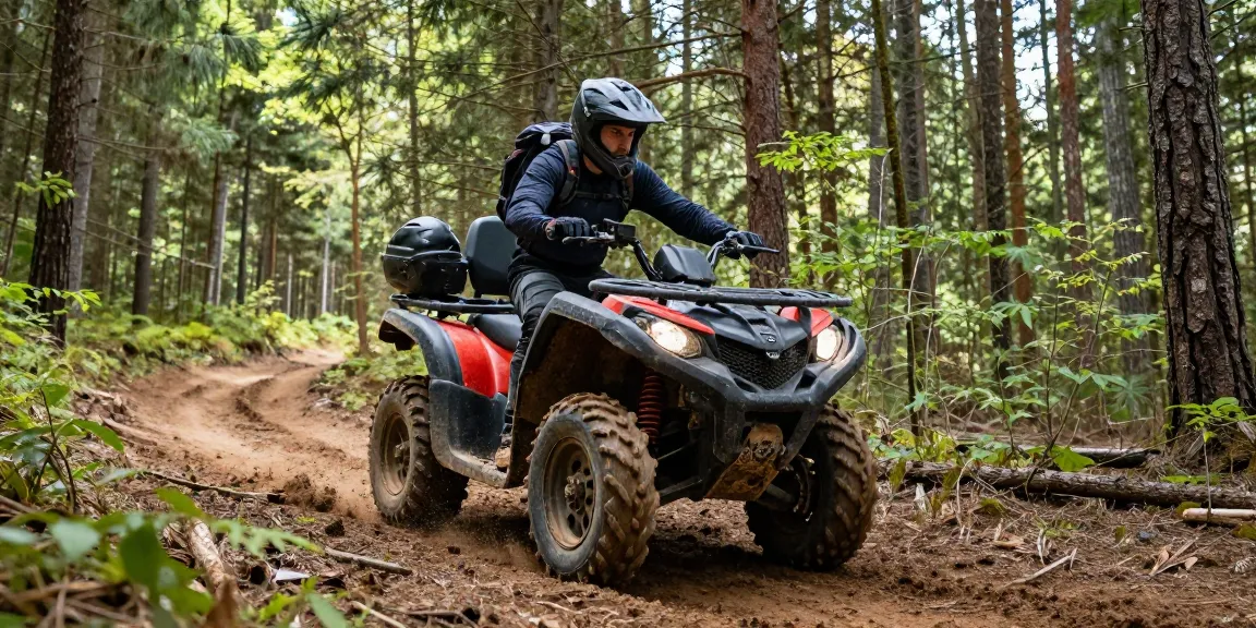 Rugged ATV for sale USA traversing forest trails, showcasing adventure and off-road capability.