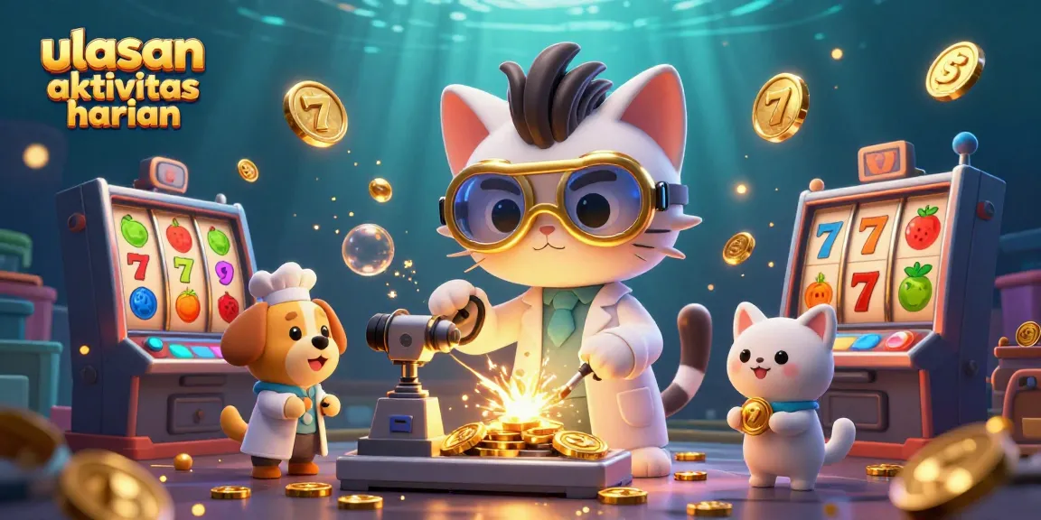 Experience ulasan aktivitas harian with a vibrant scene of a mad scientist cat creating gold coins amid dynamic slot elements.