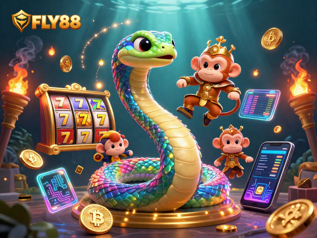 FLY88 offers thrilling gameplay with a vibrant rainbow serpent and golden monkey king in a colorful casino scene.