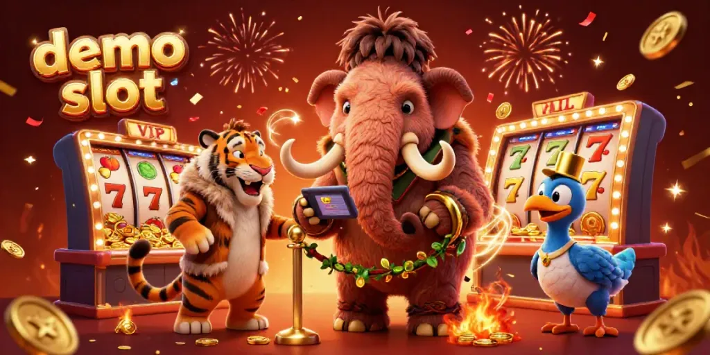Demo slot penuh warna dengan karakter mammoth, harimau, dan burung dodo di kasino.