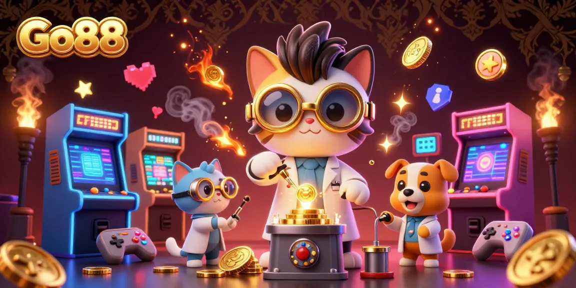 Engage with Go88's vibrant gaming world featuring a mad scientist cat and golden bubbles!